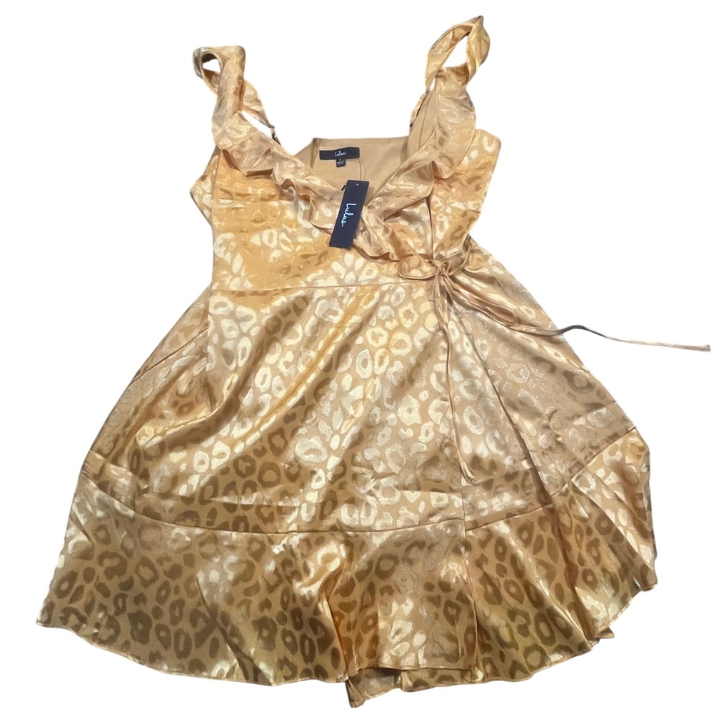 Lulus Gold Leopard Jacquard Satin Wrap Mini Dress Size L